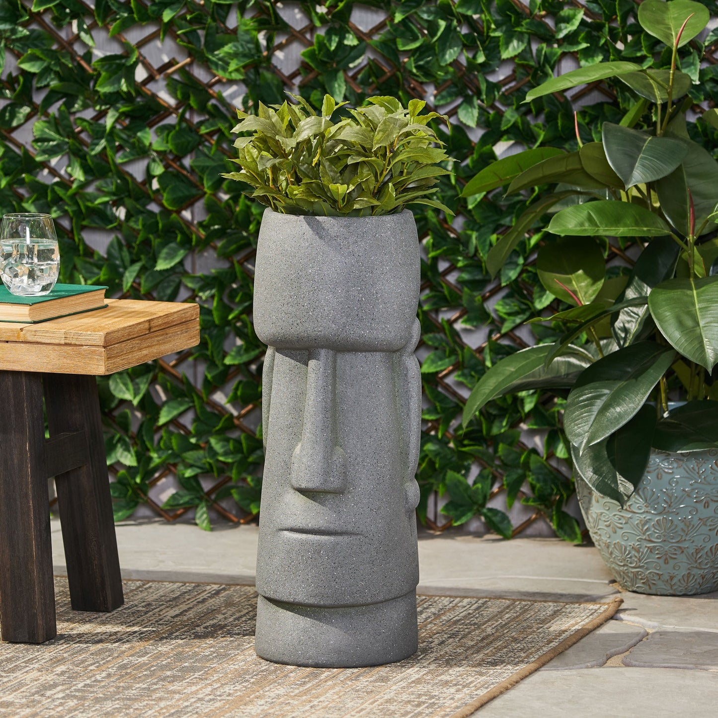 Flower Planter gray speckled concrete with lush green foliage on a wooden outdoor table on Tampa Home & Garden Store
