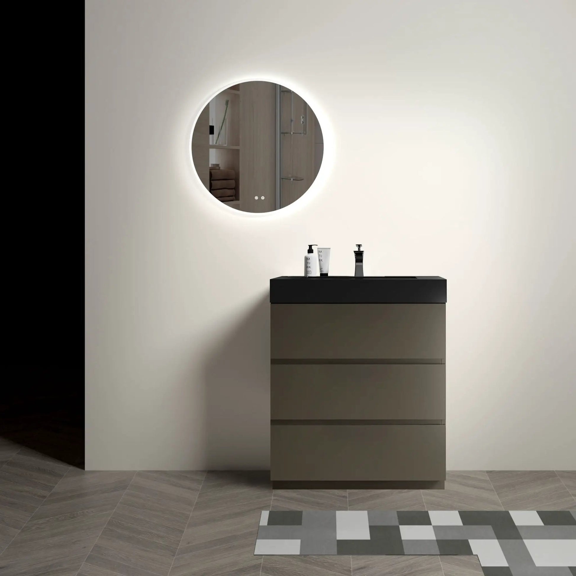 Alice vanity with sink, freestanding two-tone cabinet with black top Unique Piece Furniture on Tampa Home & Garden Store