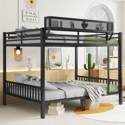 Queen over Queen bunk bed with ladder and storage shelf in black metal frame on Tampa Home & Garden Store