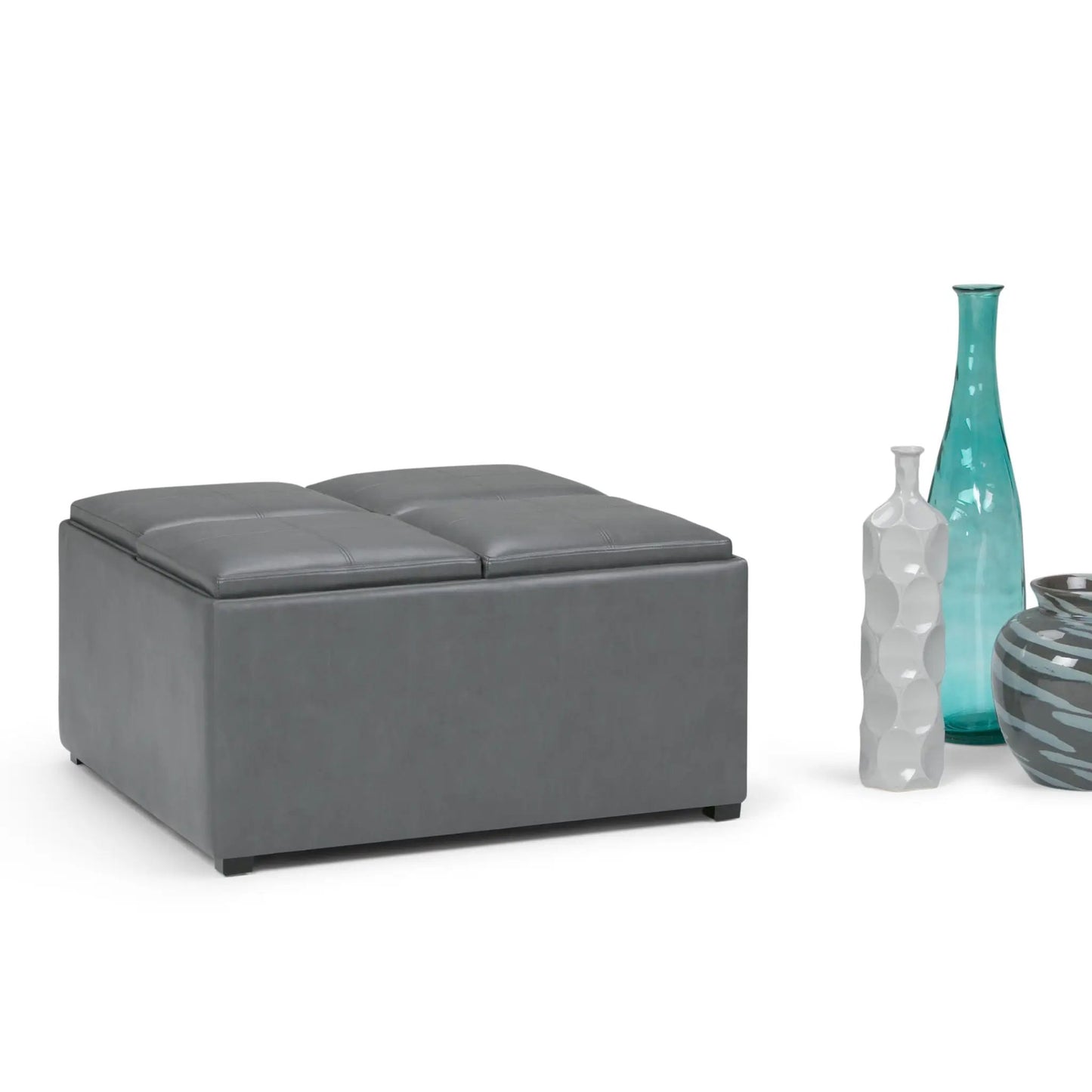 Avalon square gray storage ottoman coffee table by Unique Piece Furniture with three vases nearby on Tampa Home & Garden Store
