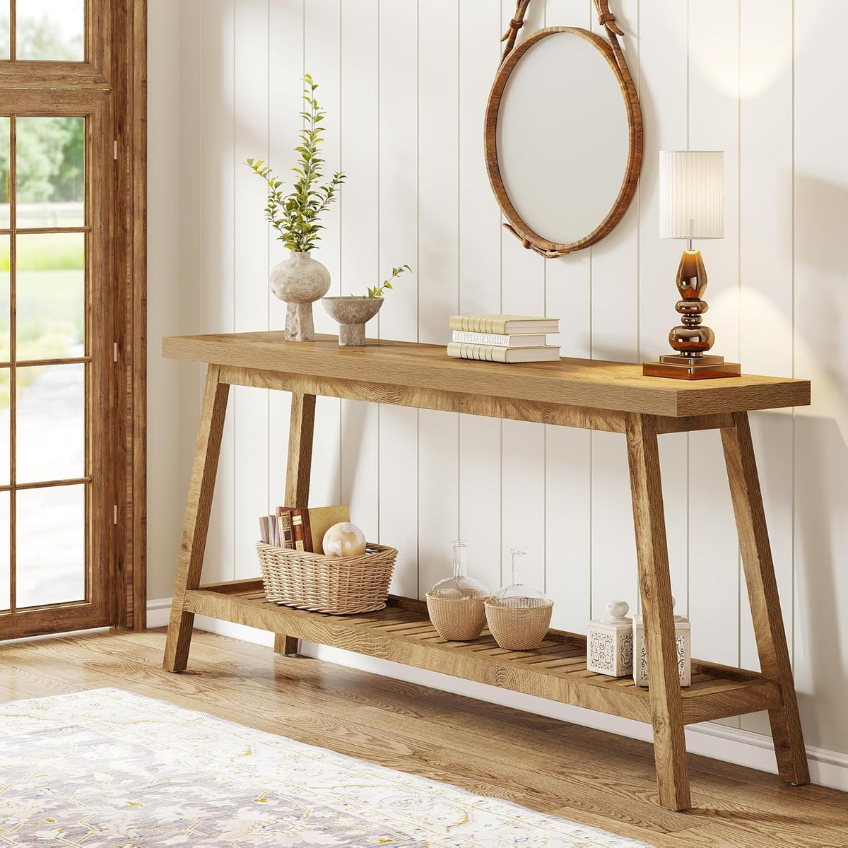 Extra long farmhouse brown wood console table with two open shelves and round wall mirror on Tampa Home & Garden Store