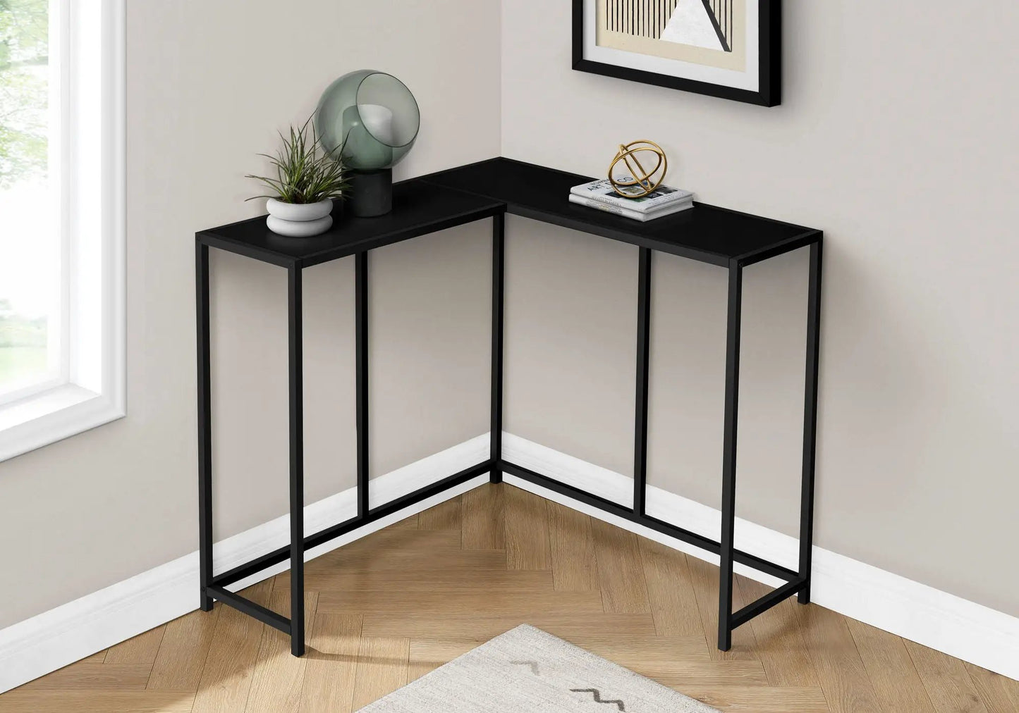 Corner Accent Console Table in black metal frame, L-shaped by Unique Piece Furniture on Tampa Home & Garden Store
