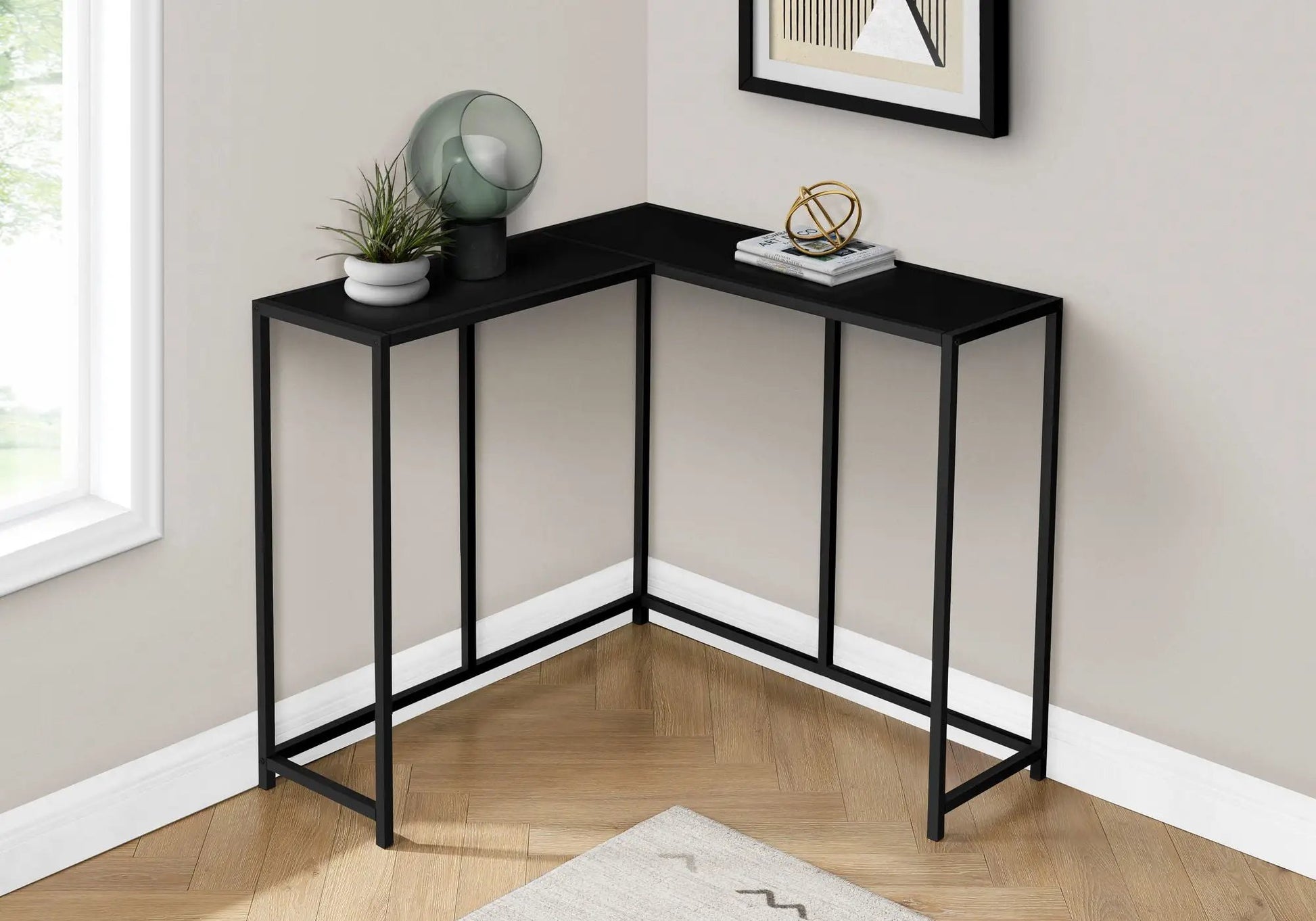 Corner Accent Console Table in black metal frame, L-shaped by Unique Piece Furniture on Tampa Home & Garden Store