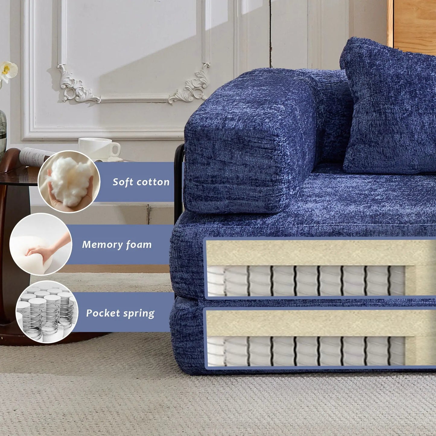 Convertible floor sofa bed boneless modular sectional sofa in blue upholstery for living room on Tampa Home & Garden Store