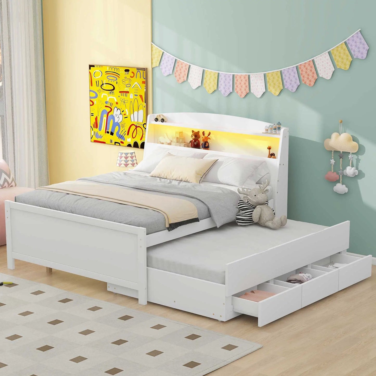 White full-size platform bed with LED headboard, twin trundle and 3 drawers on Tampa Home & Garden Store