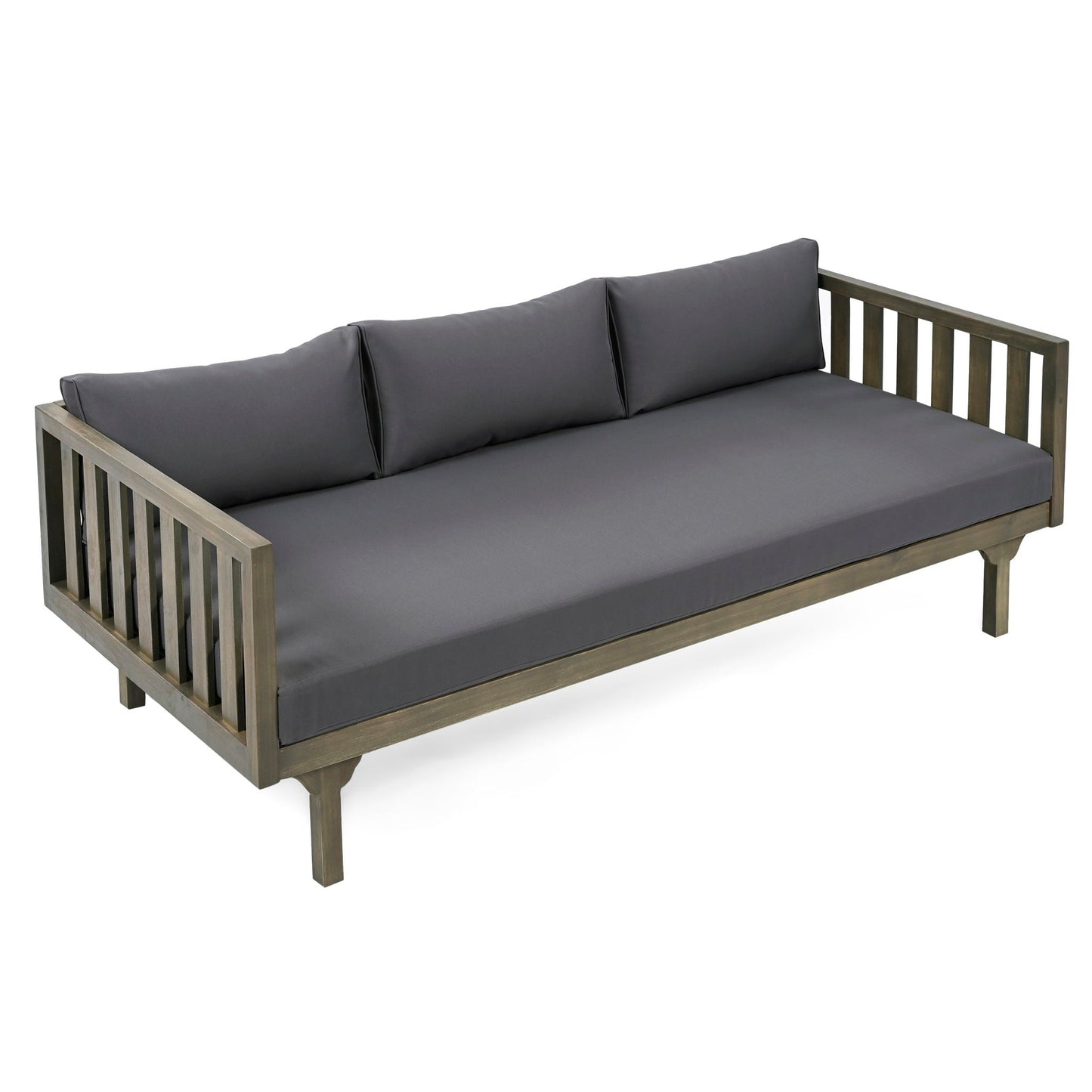 Claremont 3 Seater Daybed in teak acacia wood with water-resistant cushions, dark gray on Tampa Home & Garden Store