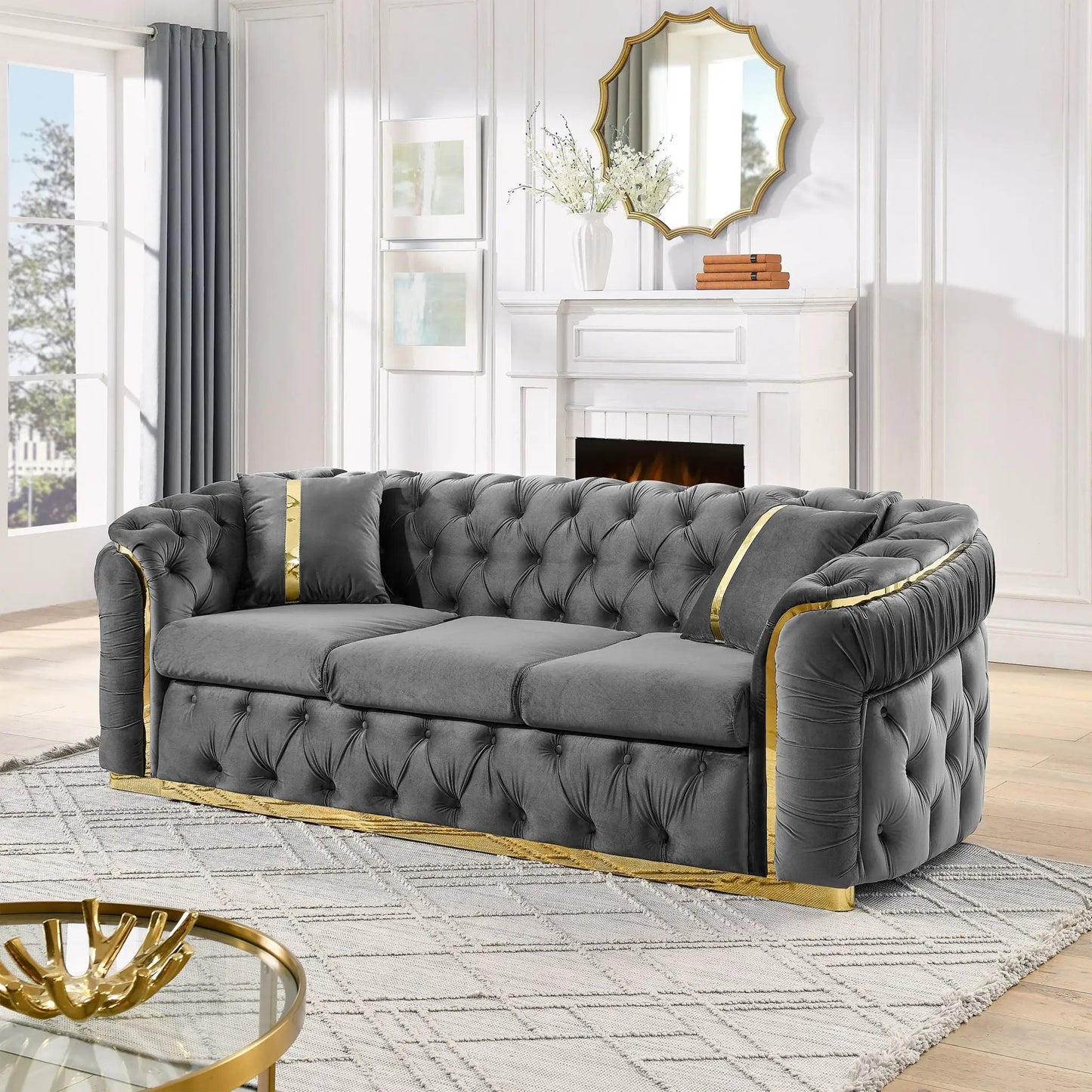 Button Tufted Chesterfield Sofa With 2 Pillows