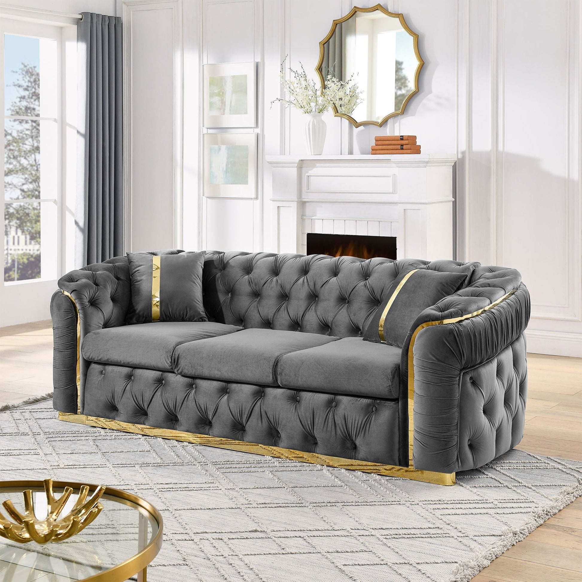 3-seater button tufted Chesterfield sofa in grey velvet with gold trim and 2 pillows HouseOfZazla on Tampa Home & Garden Store