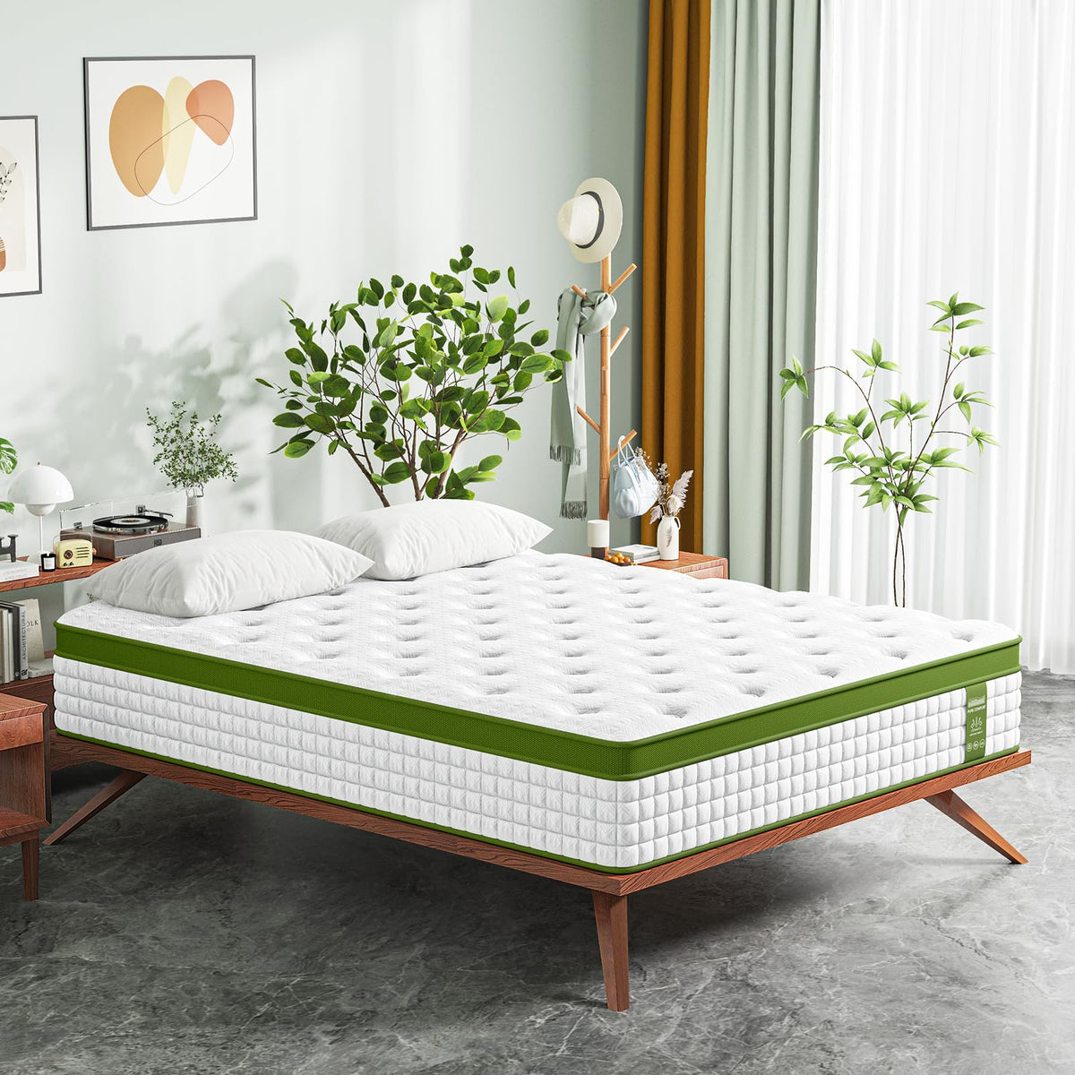14 Inch Queen Size Hybrid Mattress HouseOfZazla with white quilted top and green edge on Tampa Home & Garden Store