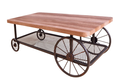 Francie light brown coffee table by HouseOfZazla with wood top and metal wagon wheels on Tampa Home & Garden Store