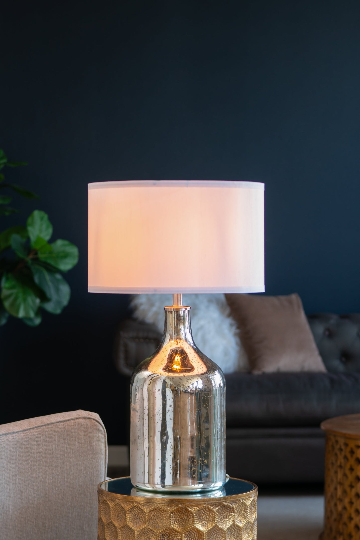 HouseOfZazla silver hammered-metal round table lamp with white fabric shade on Tampa Home & Garden Store