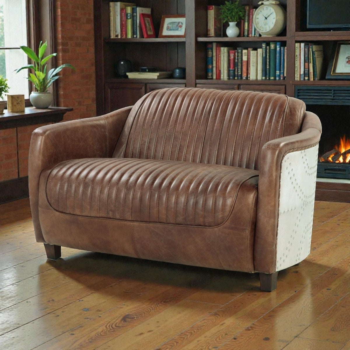 Grain Leather Loveseat with Vintage Aluminum Frame in Brown by HouseOfZazla on Tampa Home & Garden Store