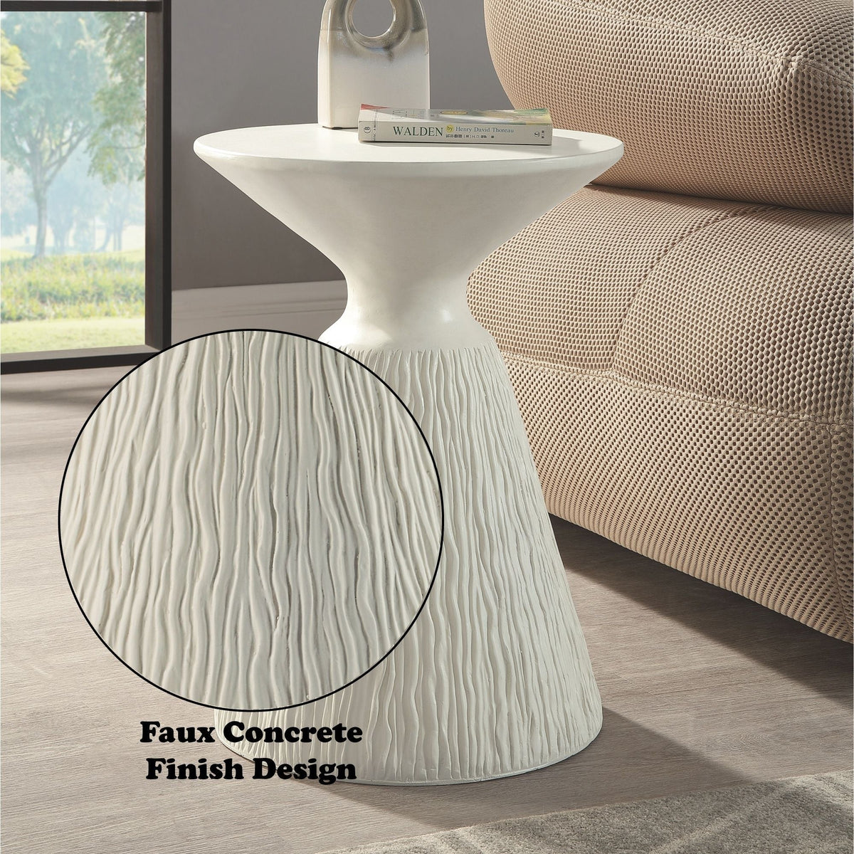 Duane White Faux Concrete Accent Table with round top and sculpted pedestal beside a beige sofa on Tampa Home & Garden Store