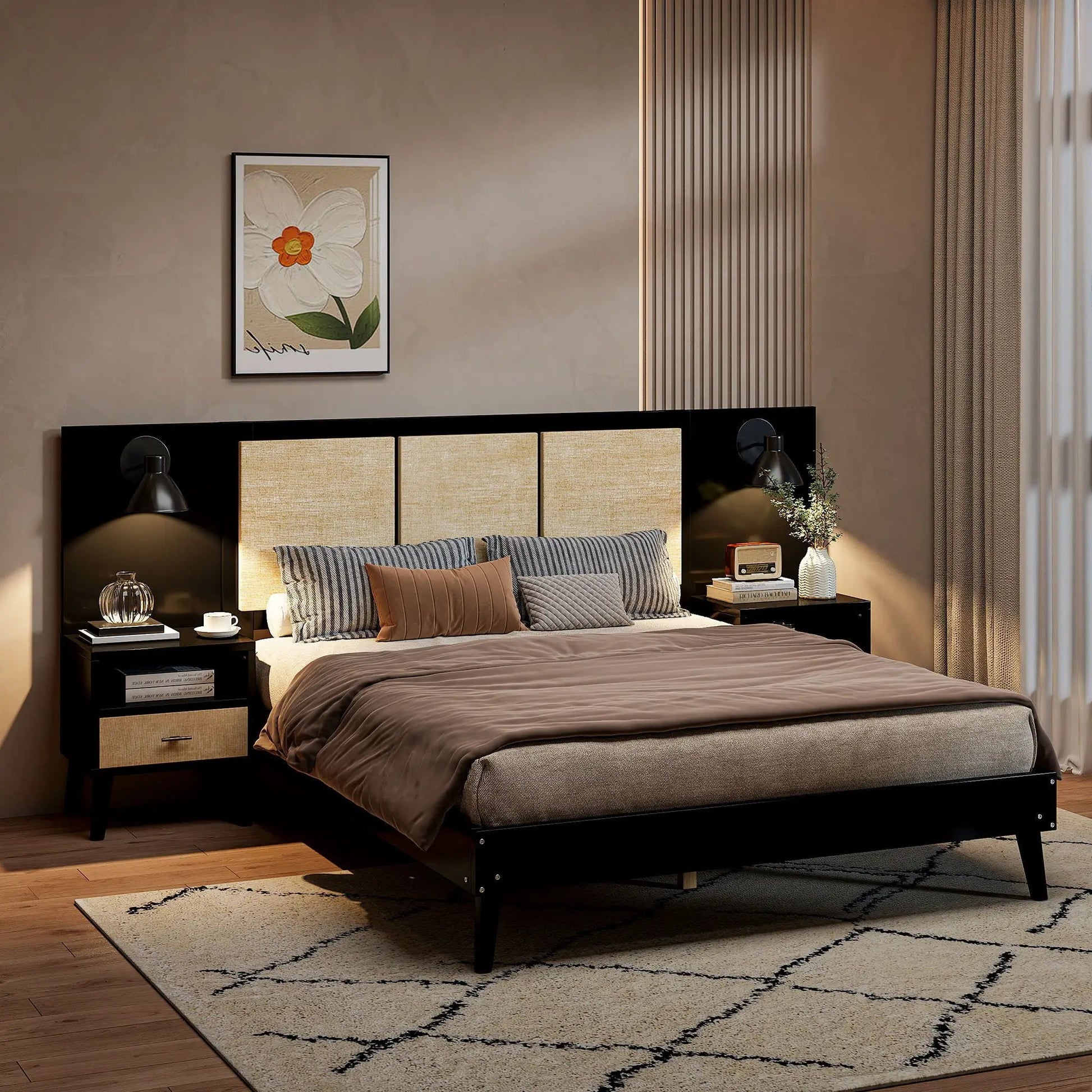 3-piece bed set: bed frame with 2 nightstands and lamps; black frame by Unique Piece Furniture on Tampa Home & Garden Store