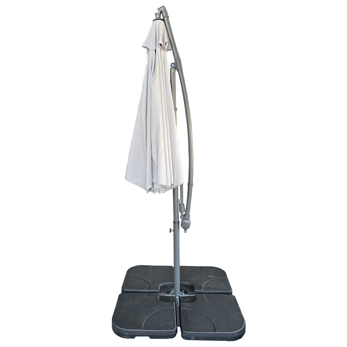 10 ft offset cantilever umbrella with gray canopy, crank and tilt, four-piece base on Tampa Home & Garden Store