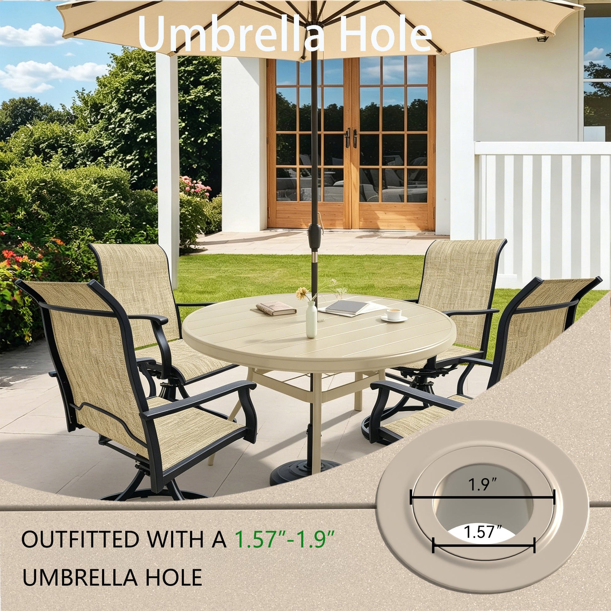 Outdoor patio furniture set for 4 with swivel chairs around a round table with umbrella hole on Tampa Home & Garden Store