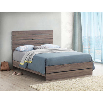 Slatted headboard panel bed in warm brown wood with gray bedding and floral pillows on Tampa Home & Garden Store
