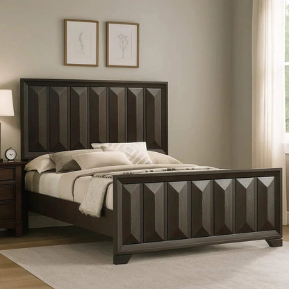 3 piece bedroom set with faceted panel bed and two dark wood nightstands on Tampa Home & Garden Store