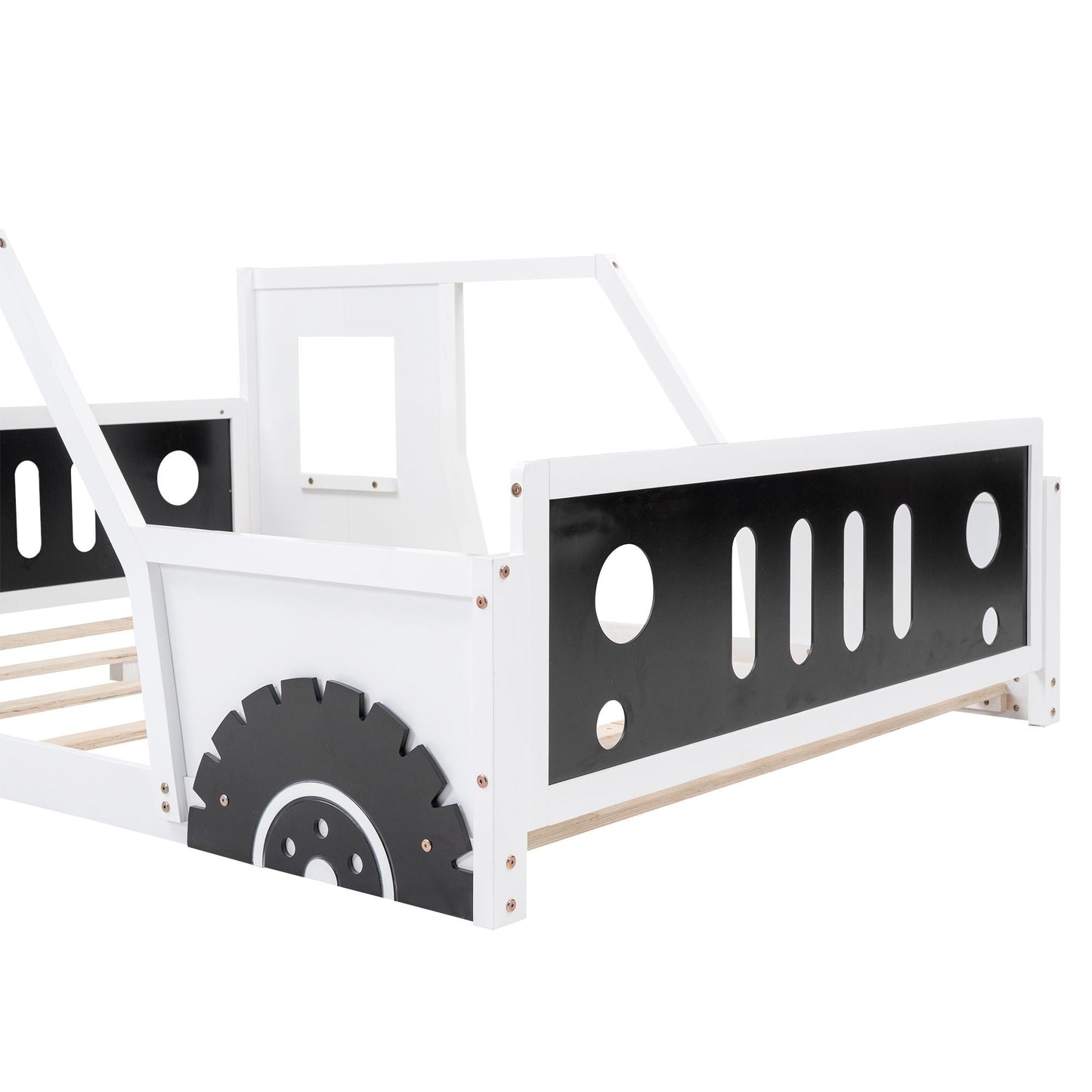 Classic car shaped platform bed on wheels, white frame with black panels, HouseOfZazla car beds for kids on Tampa Home & Garden Store