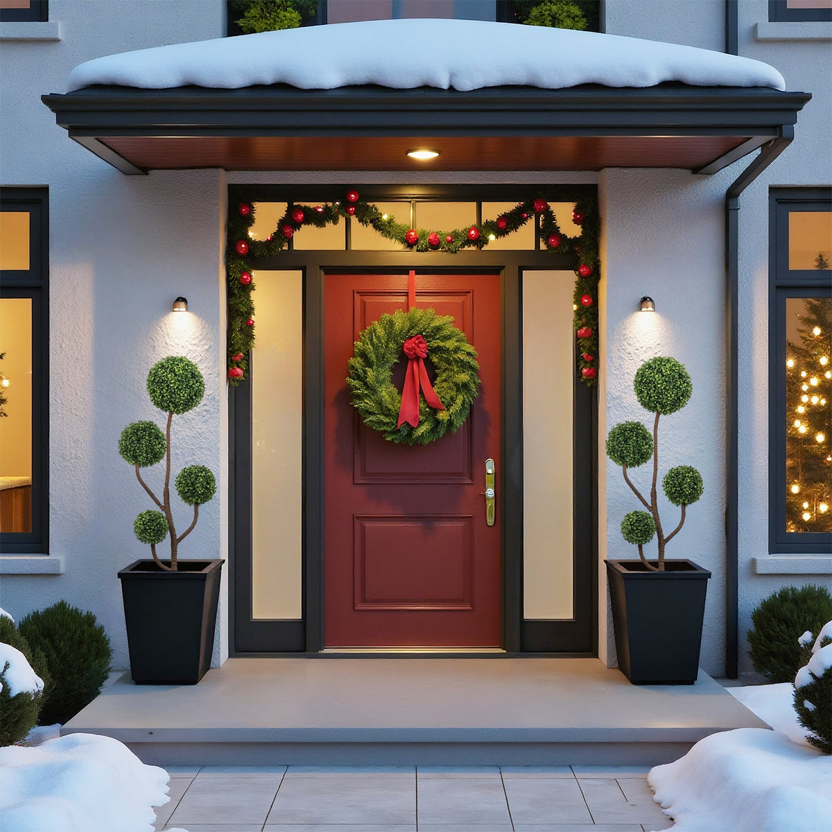 2 4ft tall artificial boxwood topiary trees in black square pots flanking front entrance on Tampa Home & Garden Store