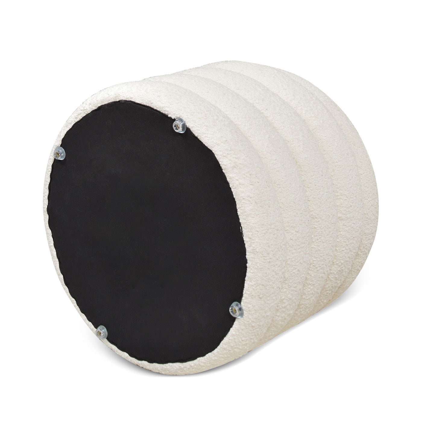 Fuji oversized round storage ottoman in cream boucle with black base panel and metal-tack accents on Tampa Home & Garden Store