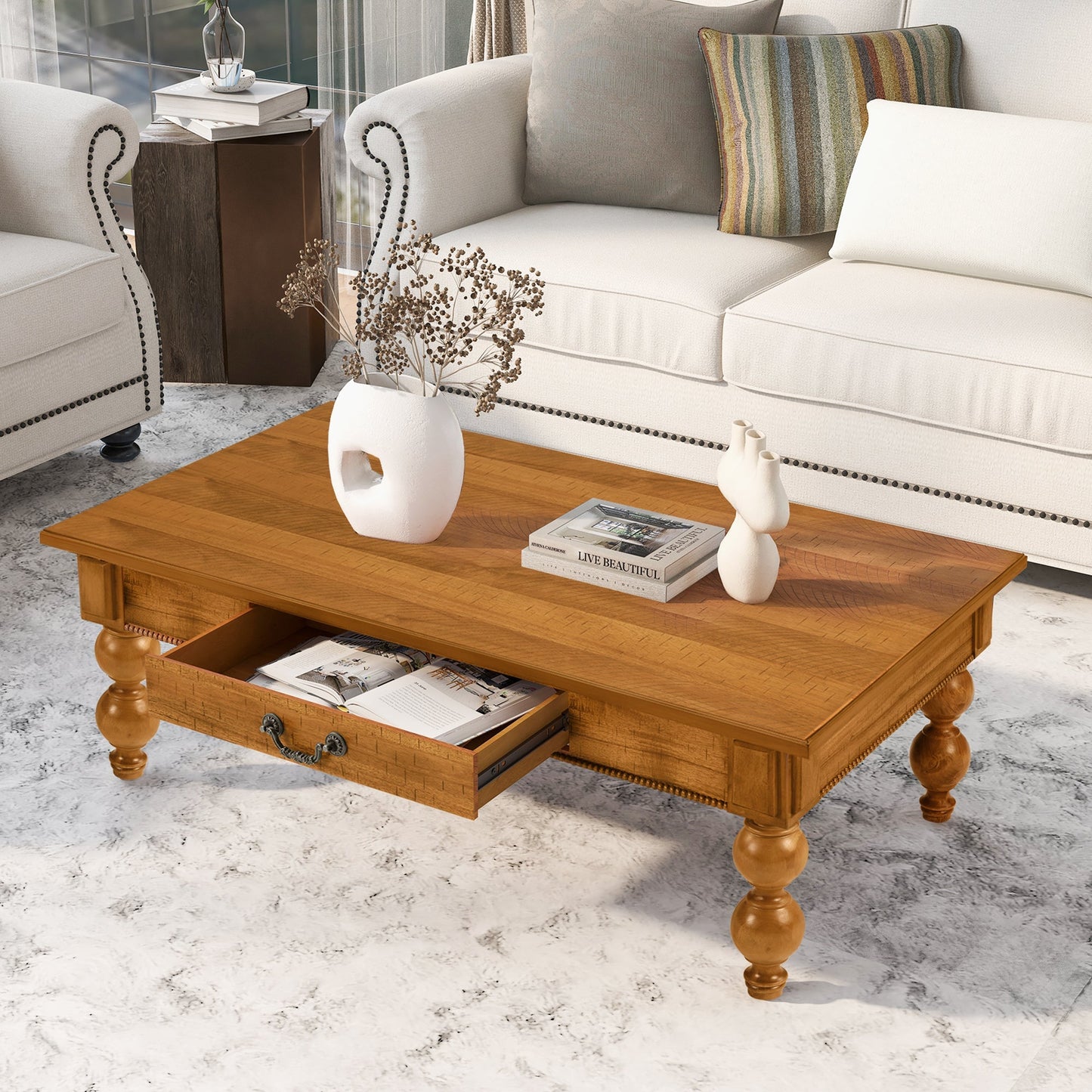 Rectangular wooden coffee table with storage drawer in warm honey finish; magazines stored in drawer on Tampa Home & Garden Store