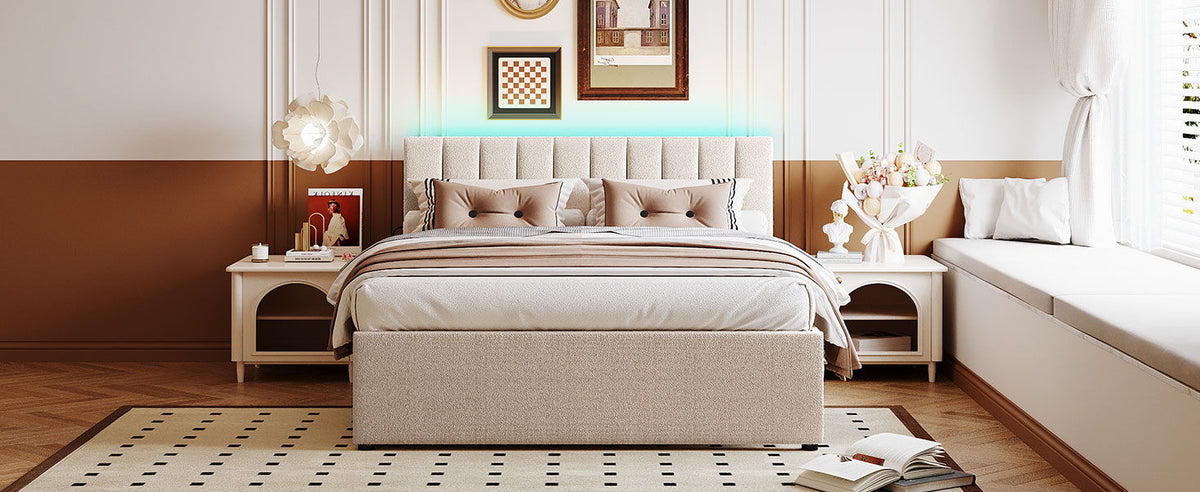 Upholstered Platform Bed with Trundle in beige fabric, tufted headboard, by HouseOfZazla on Tampa Home & Garden Store