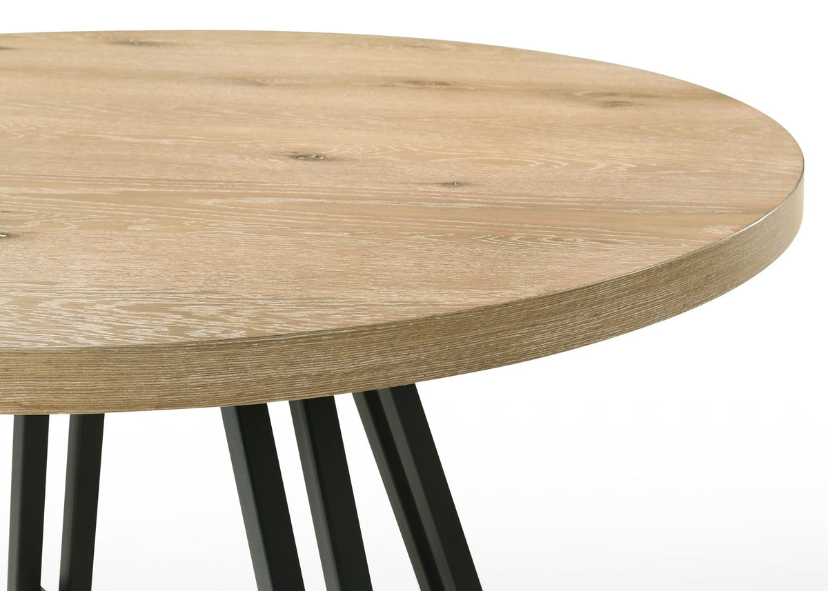 Tate round dining table oak finish with black metal base on Tampa Home & Garden Store