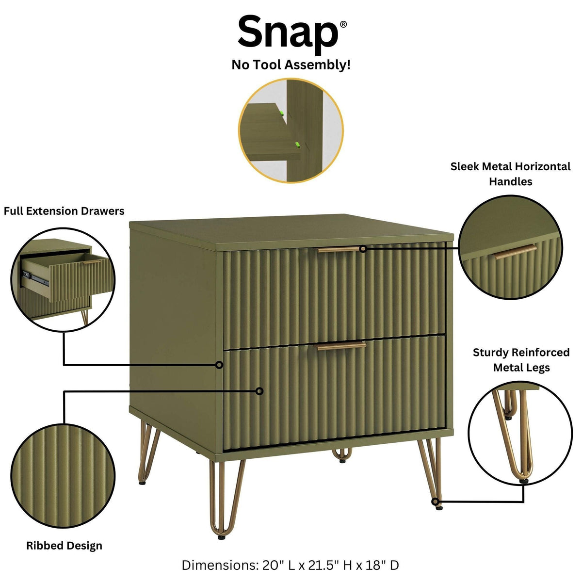 Dumbo nightstand with 2 drawers and fluted fronts in olive green by HouseOfZazla on Tampa Home & Garden Store