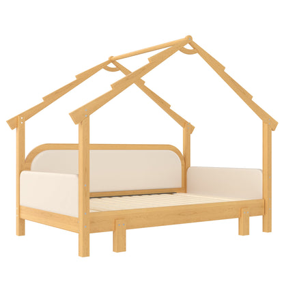 Twin Size Wood Treehouse Bed with Soft Cushion Rails, natural oak finish, HouseOfZazla on Tampa Home & Garden Store