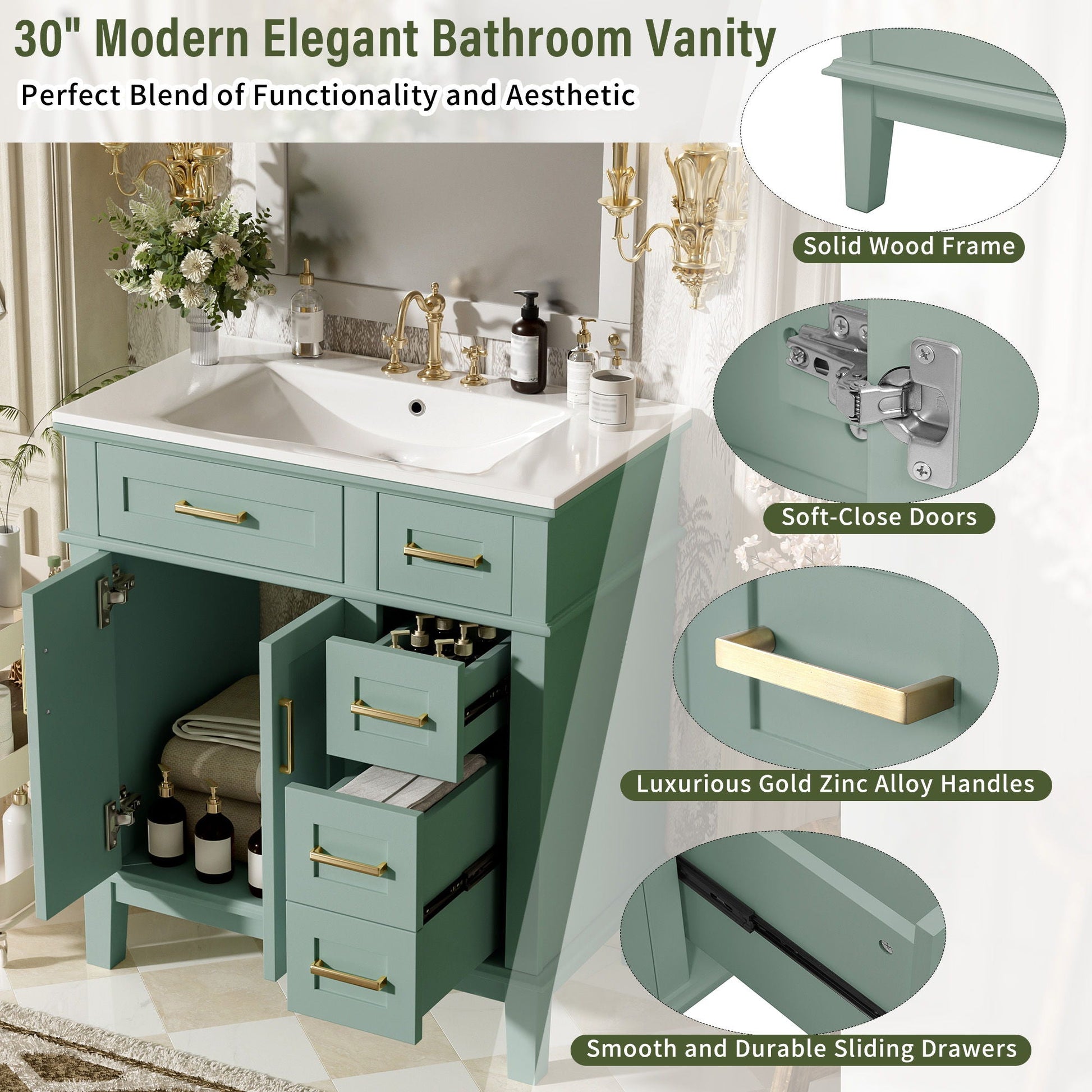 Vanity by HouseOfZazla teal bathroom vanity with sink, solid wood frame, soft-close doors on Tampa Home & Garden Store