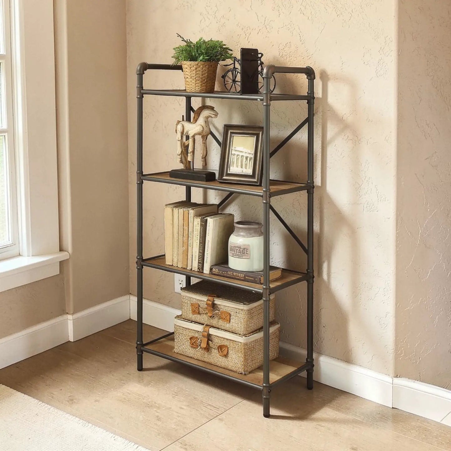 Itzel Bookshelf Etageres by Unique Piece Furniture, black metal frame with shelves and decor on Tampa Home & Garden Store