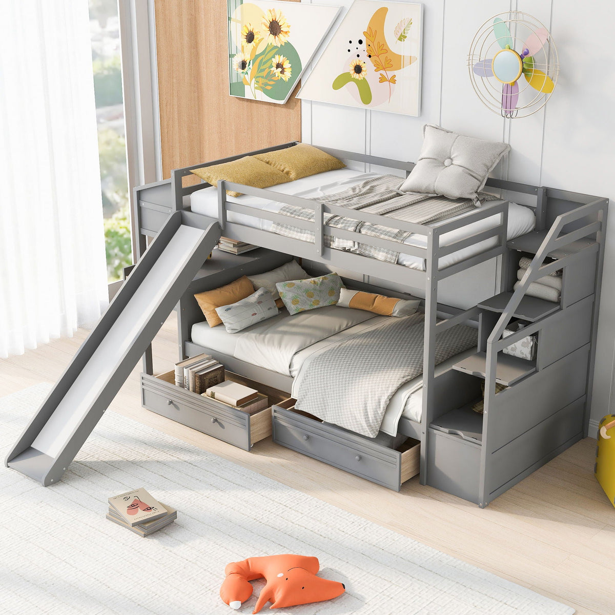 Gray metal bunk bed with storage staircase and slide, desk and drawers by HouseOfZazla on Tampa Home & Garden Store