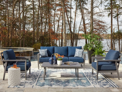 Gali 4-Piece Outdoor Sofa Set with gray-blue cushions on metal frames on Tampa Home & Garden Store