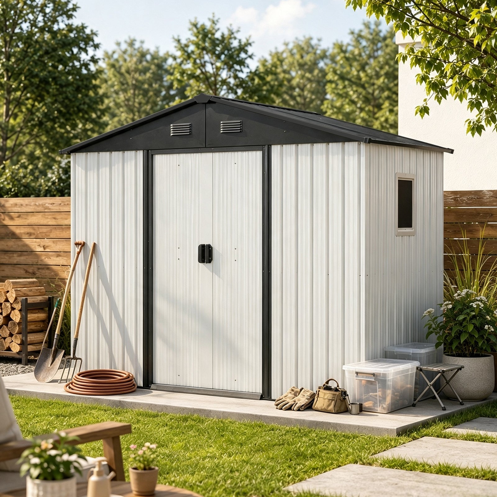 8ft x 4ft outdoor metal storage shed with window white panels black trim double doors on Tampa Home & Garden Store