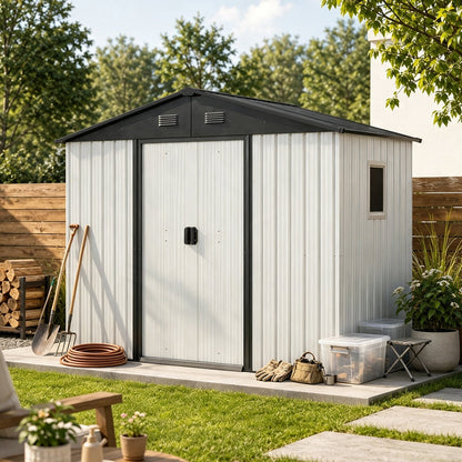 8ft x 4ft outdoor metal storage shed with window white panels black trim double doors on Tampa Home & Garden Store