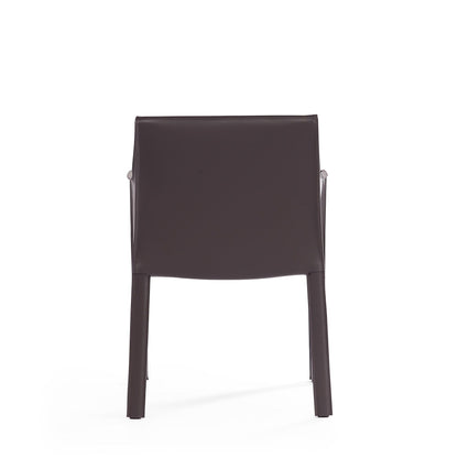 Vogue dining chair with metal frame in dark brown leather upholstery, arm chair on Tampa Home & Garden Store