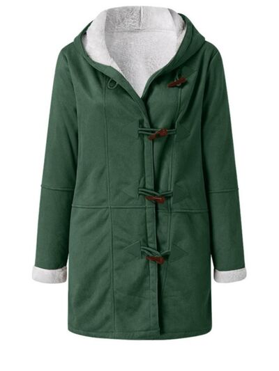 Full Size Pocketed Hooded Toggle Jacket green Stevvex duffle-style coat for women on Tampa Home & Garden Store