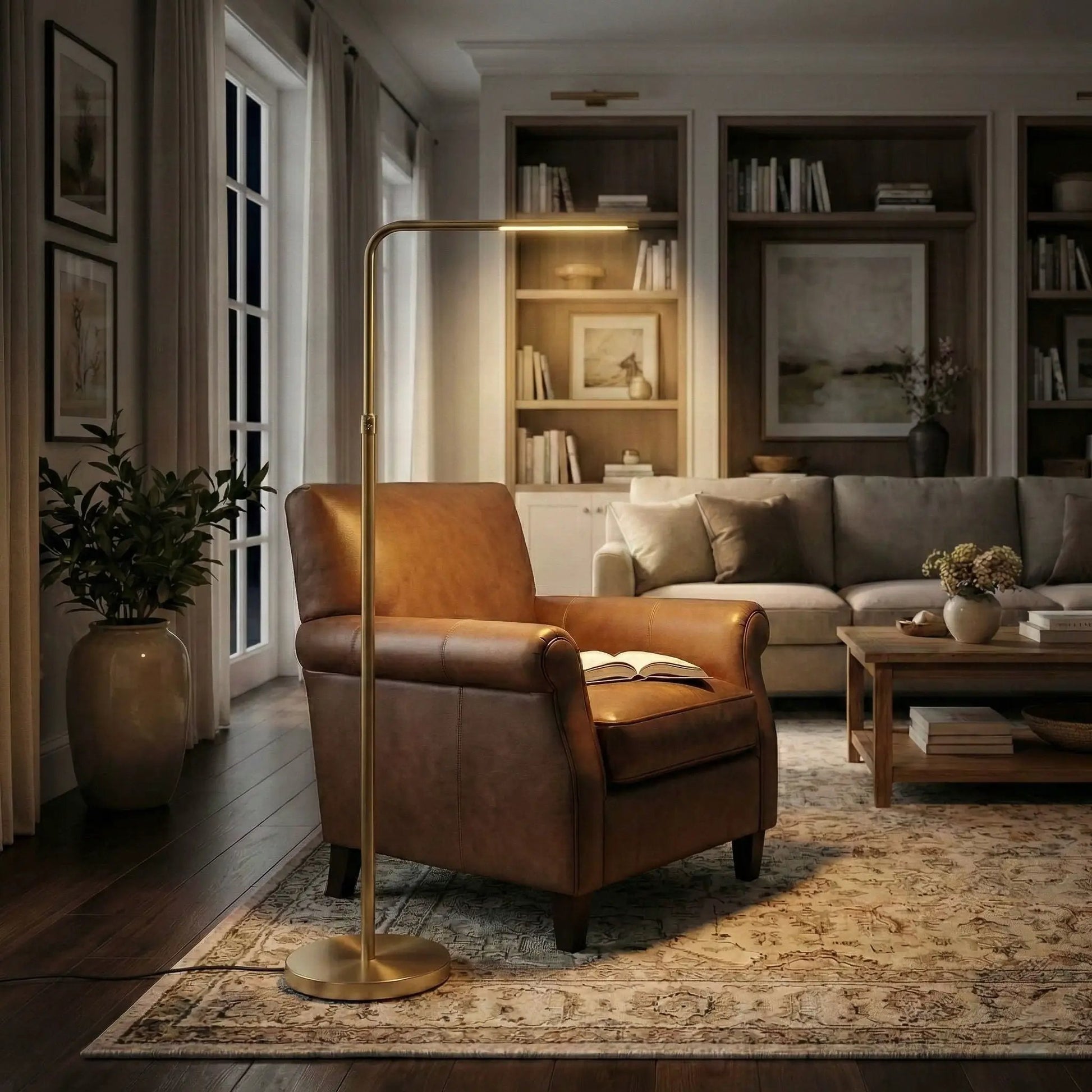 Verve floor lamp with on/off switch, adjustable LED, gold finish on Tampa Home & Garden Store
