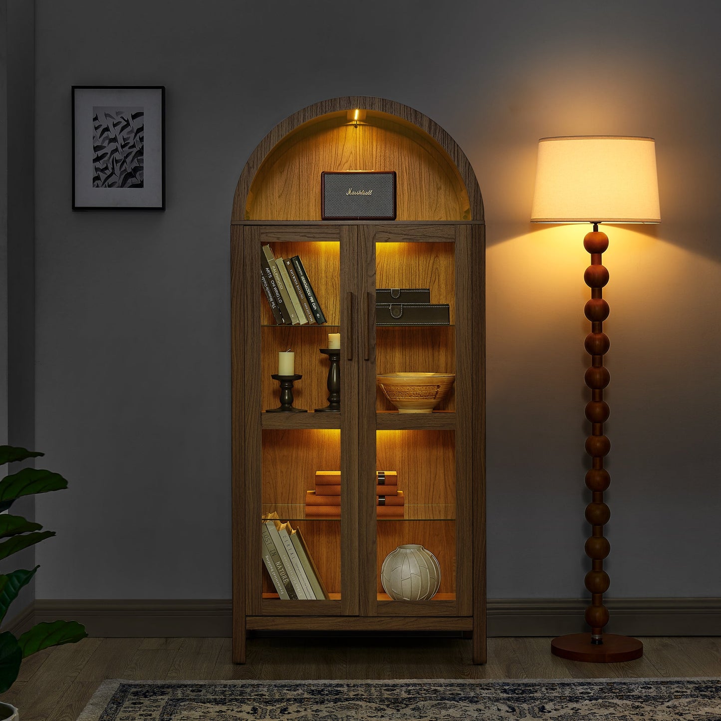 High Arched Storage Cabinet with Lamp by HouseOfZazla, wooden cabinet with warm lighting on Tampa Home & Garden Store