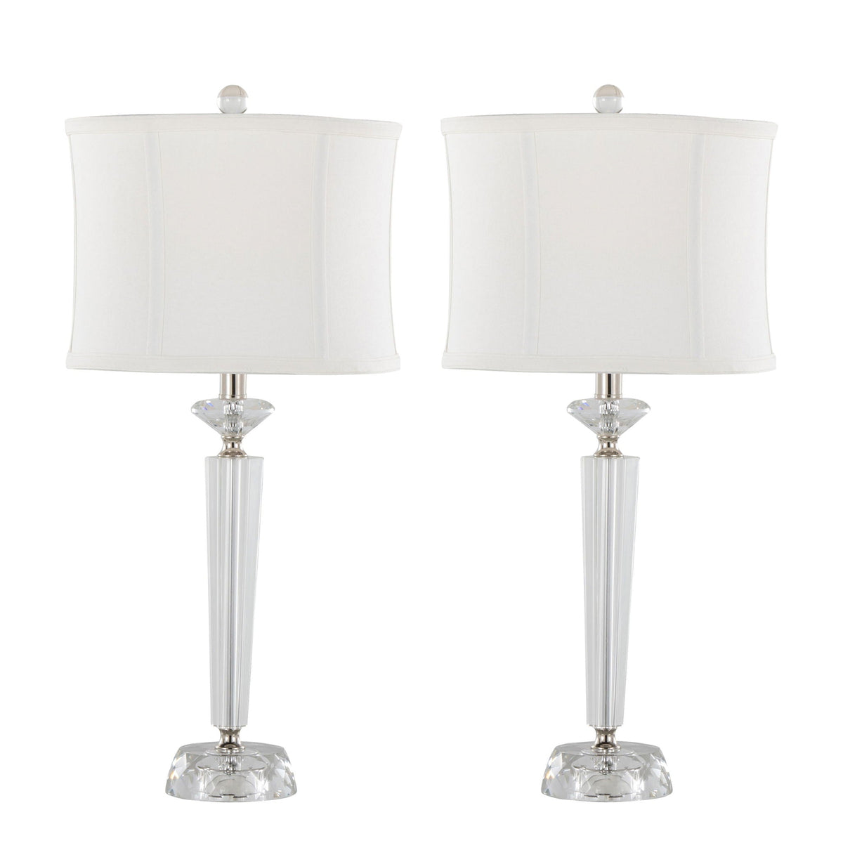 Diamond Torch Crystal Lamp Set 2 in clear glass with off-white shades polished nickel bases on Tampa Home & Garden Store