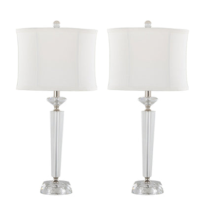 Diamond Torch Crystal Lamp Set 2 in clear glass with off-white shades polished nickel bases on Tampa Home & Garden Store