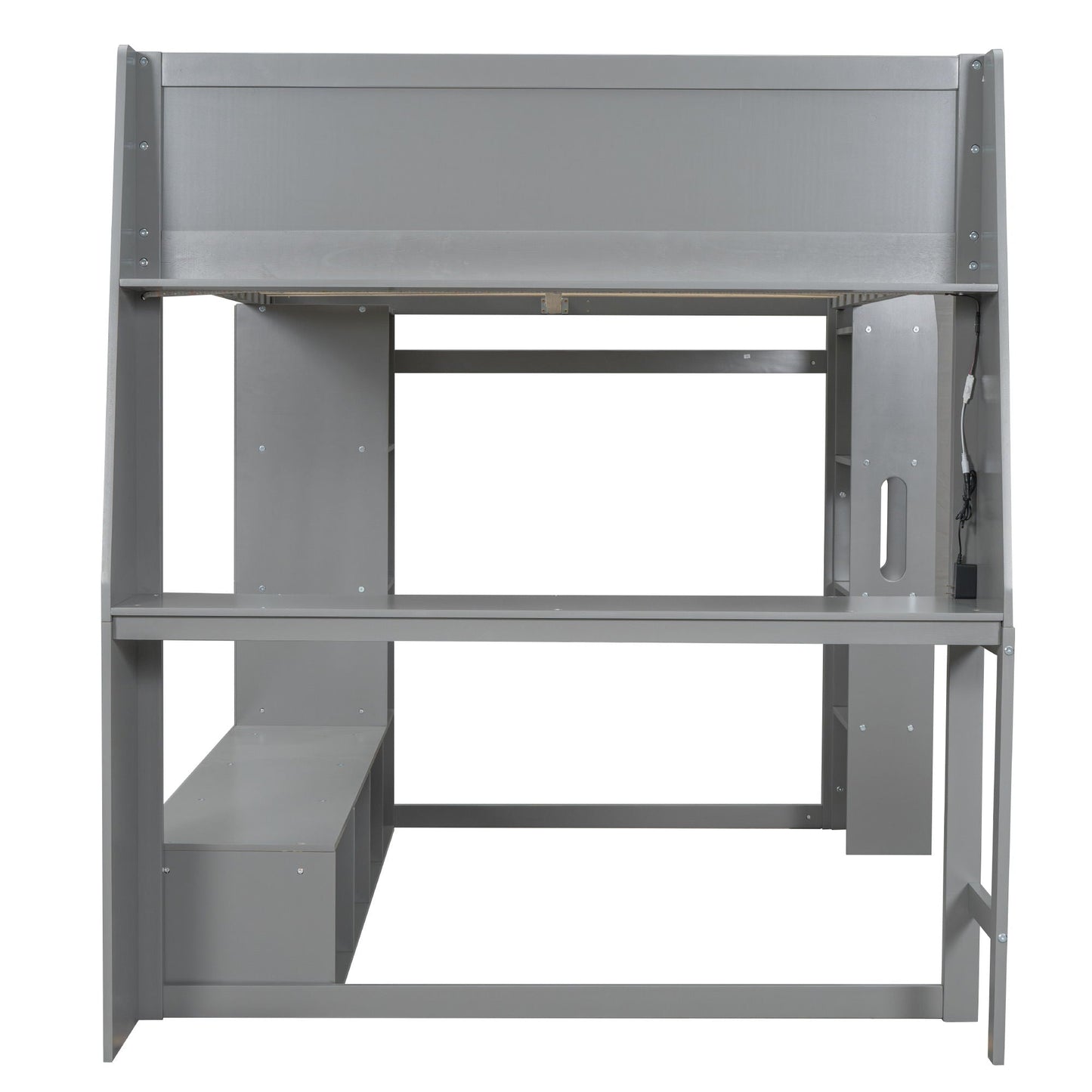 Gaming loft bed with built-in desk and multi storage shelves, gray metal frame on Tampa Home & Garden Store
