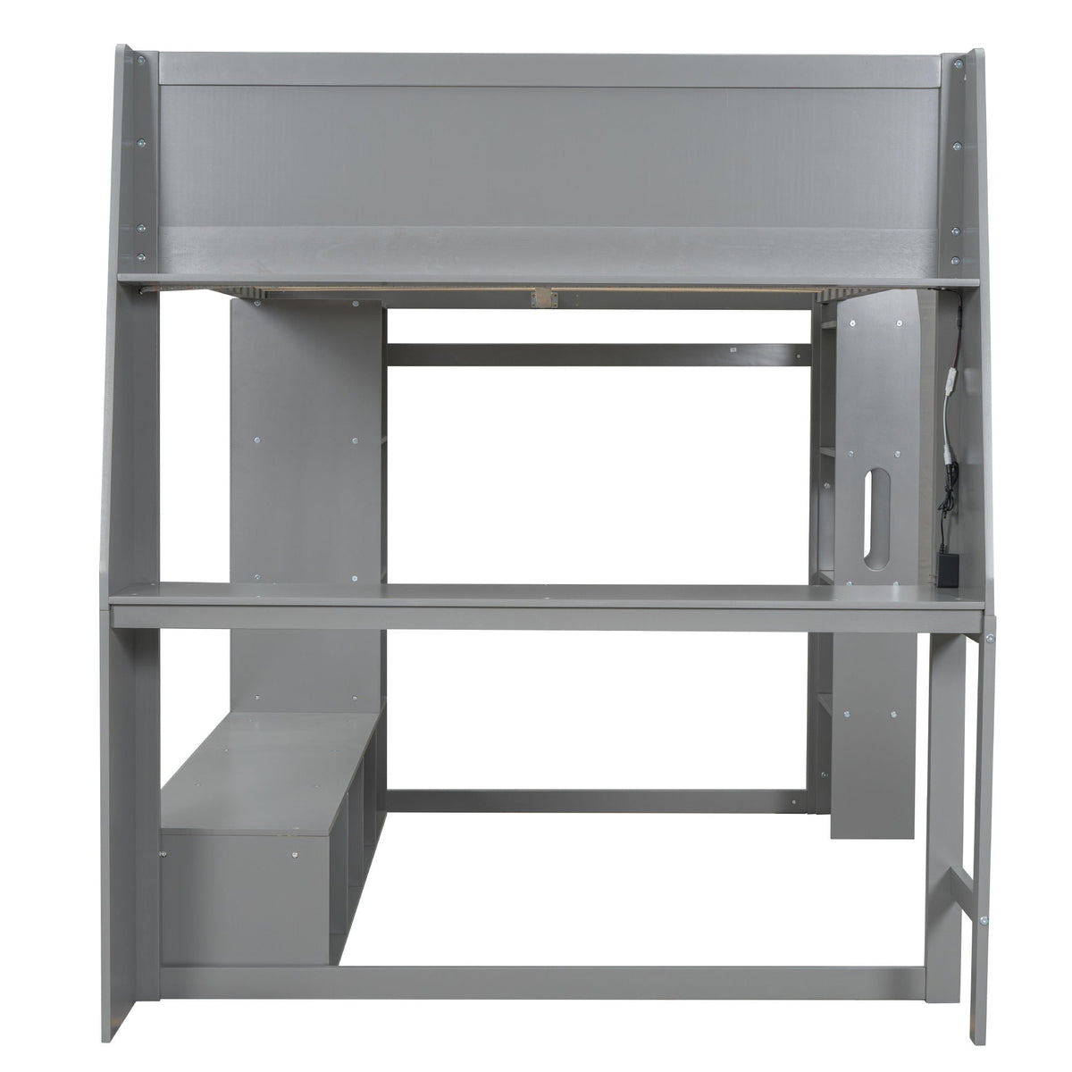 Gaming loft bed with built-in desk and multi storage shelves, gray metal frame on Tampa Home & Garden Store