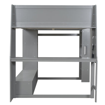 Gaming loft bed with built-in desk and multi storage shelves, gray metal frame on Tampa Home & Garden Store