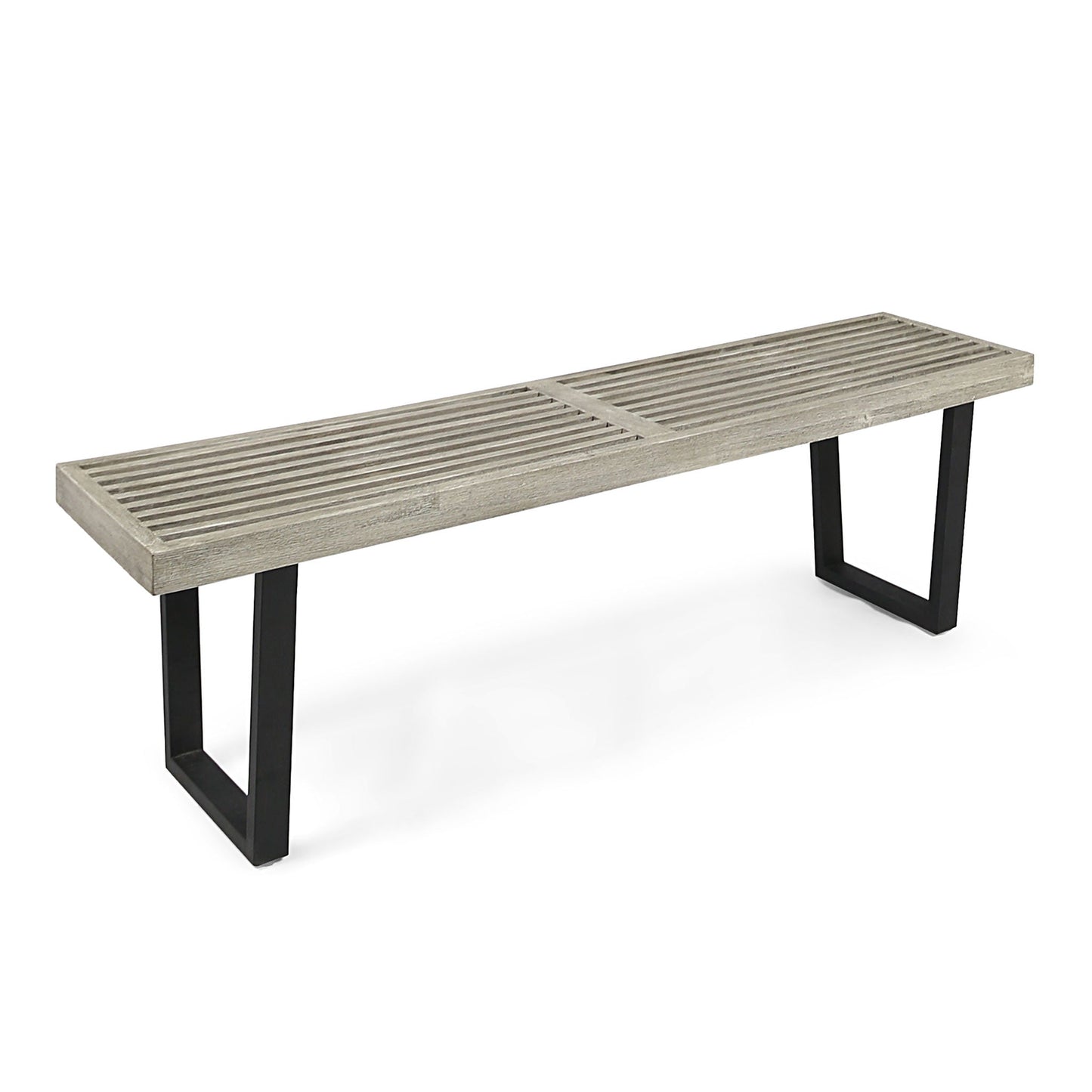 Intrinsic Outdoor Dining Bench With Slat Top by HouseOfZazla, weathered wood slats on black legs on Tampa Home & Garden Store