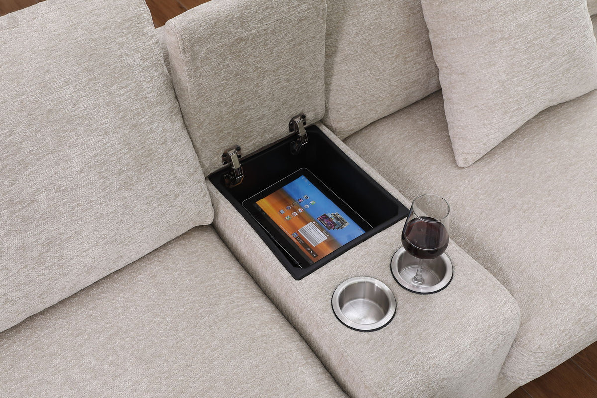 Celine fabric corner sectional sofa with right-facing chaise and built-in cupholders on Tampa Home & Garden Store