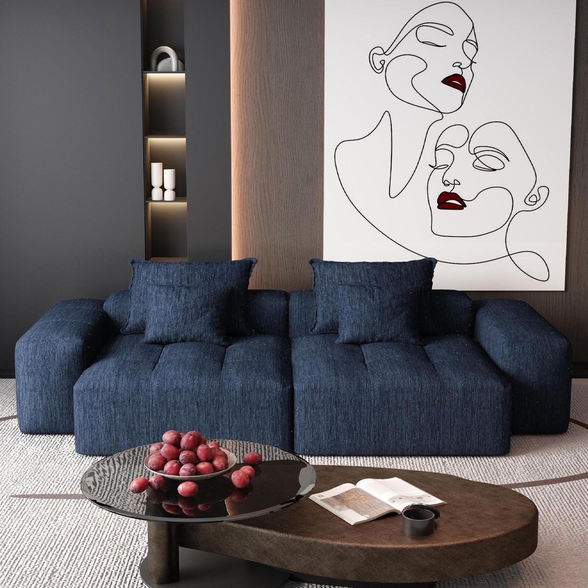 Modern oversized DIY modular sectional sofa with pillows in blue fabric by HouseOfZazla on Tampa Home & Garden Store