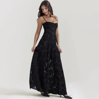 Fashion Suspender Lace Long Dress black lace with spaghetti straps FLIPSTYLEZLLC gown on Tampa Home & Garden Store