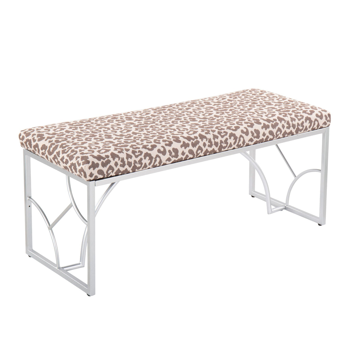 Elegant contemporary upholstered bench with leopard print fabric and metal frame on Tampa Home & Garden Store